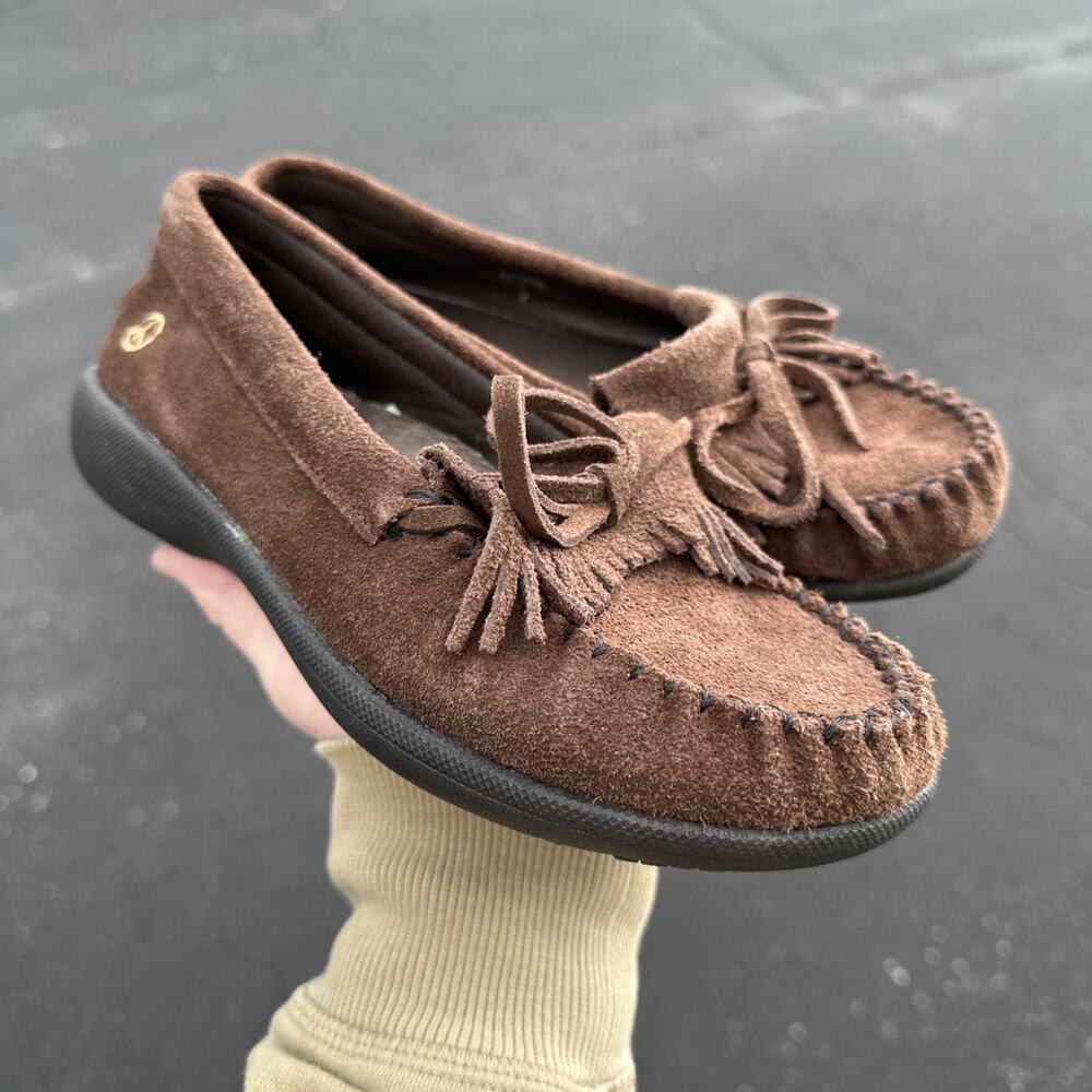 Womens Peace Moccasin "Donna" Chocolate Suede Hardsole Size 7W - 30